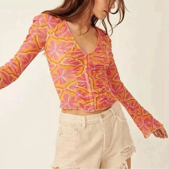 Free People Tops - Free People Through The Meadow Mesh Blouse Top Floral Grapefruit Printed XS